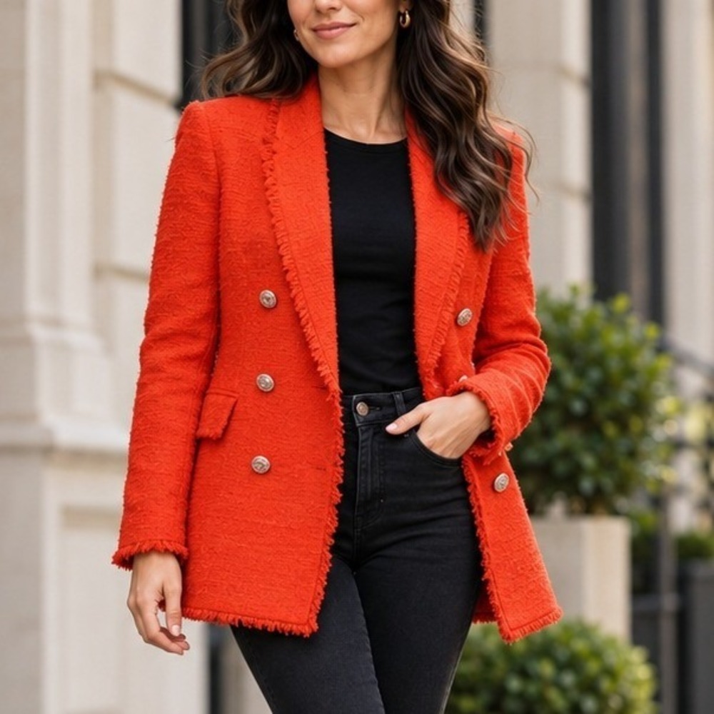 Zara Neon Orange Tweed Double Breasted Blazer Rhinestone Button Fringe Size Med